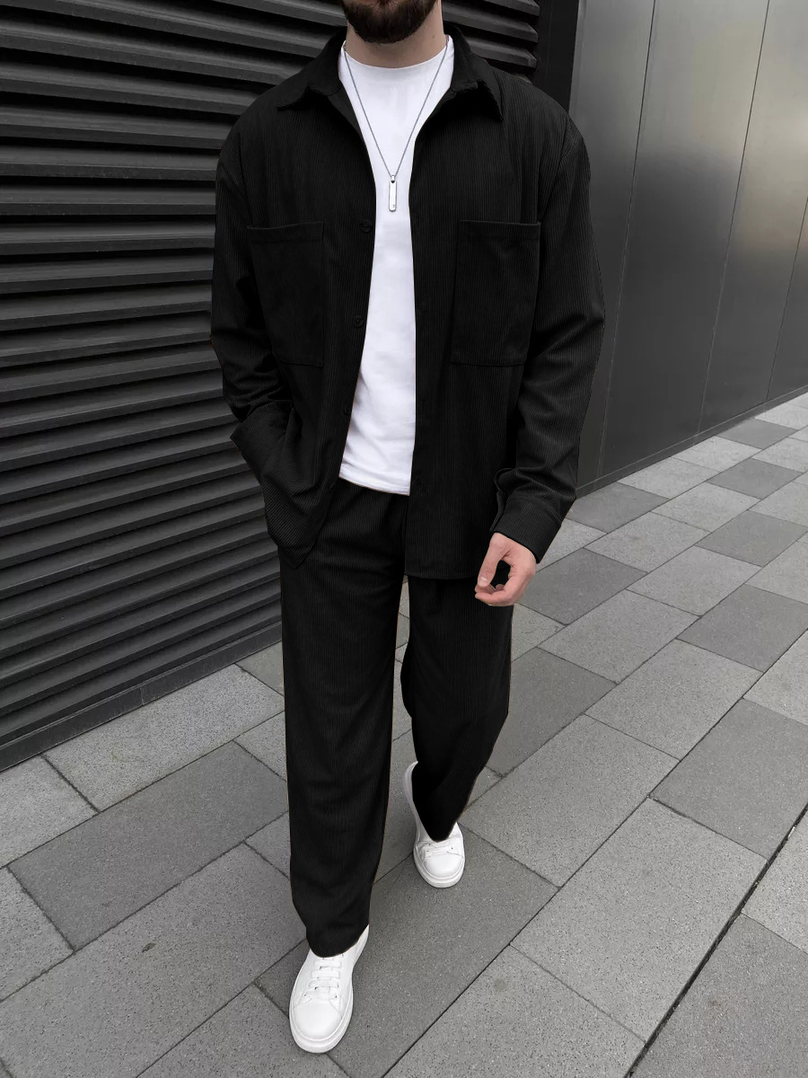 Embellish Knit - Men's Corduroy Two-Piece Outfit: Long-Sleeved Button-Down